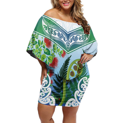 Aotearoa New Zealand Natural Plants Family Matching Off Shoulder Short Dress and Hawaiian Shirt Pohutukawa with Silver Ferns Koru Frond Maori Tattoos