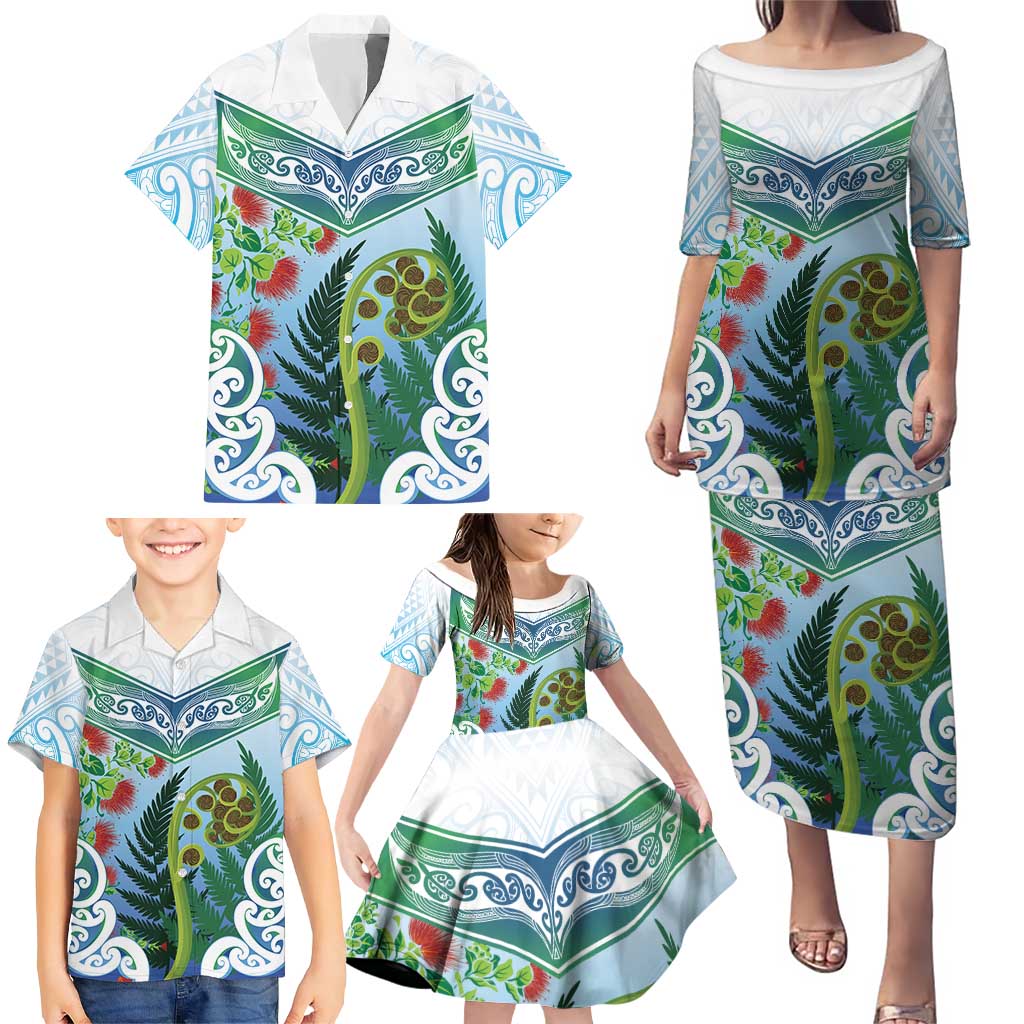 Aotearoa New Zealand Natural Plants Family Matching Puletasi and Hawaiian Shirt Pohutukawa with Silver Ferns Koru Frond Maori Tattoos