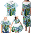 Aotearoa New Zealand Natural Plants Family Matching Puletasi and Hawaiian Shirt Pohutukawa with Silver Ferns Koru Frond Maori Tattoos