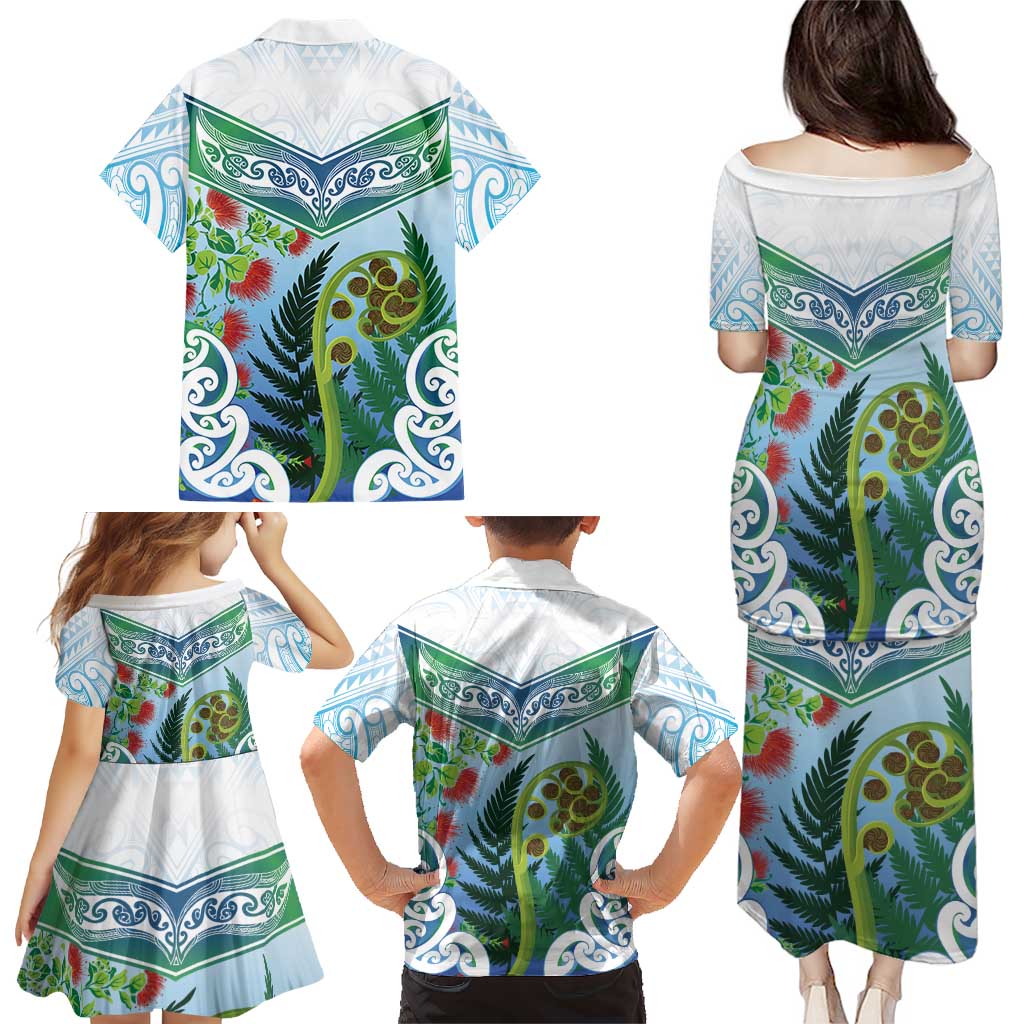 Aotearoa New Zealand Natural Plants Family Matching Puletasi and Hawaiian Shirt Pohutukawa with Silver Ferns Koru Frond Maori Tattoos