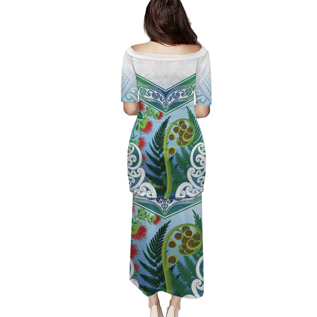 Aotearoa New Zealand Natural Plants Family Matching Puletasi and Hawaiian Shirt Pohutukawa with Silver Ferns Koru Frond Maori Tattoos