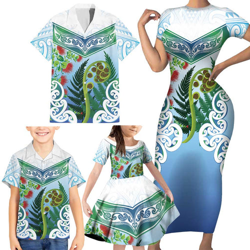 Aotearoa New Zealand Natural Plants Family Matching Short Sleeve Bodycon Dress and Hawaiian Shirt Pohutukawa with Silver Ferns Koru Frond Maori Tattoos