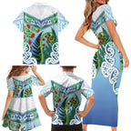 Aotearoa New Zealand Natural Plants Family Matching Short Sleeve Bodycon Dress and Hawaiian Shirt Pohutukawa with Silver Ferns Koru Frond Maori Tattoos