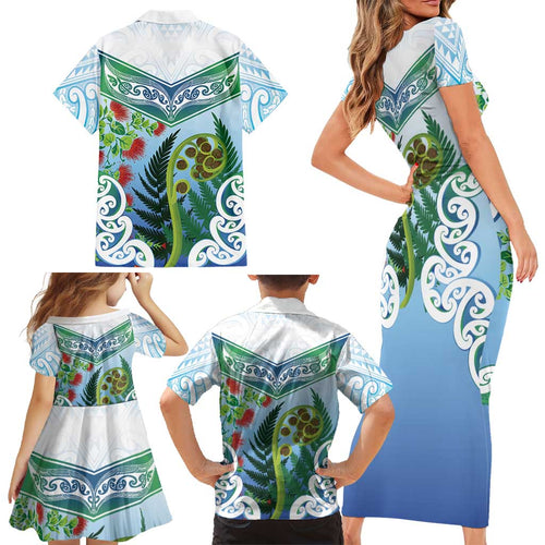 Aotearoa New Zealand Natural Plants Family Matching Short Sleeve Bodycon Dress and Hawaiian Shirt Pohutukawa with Silver Ferns Koru Frond Maori Tattoos