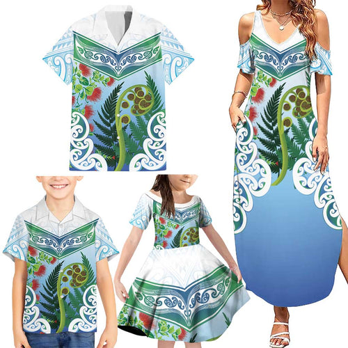 Aotearoa New Zealand Natural Plants Family Matching Summer Maxi Dress and Hawaiian Shirt Pohutukawa with Silver Ferns Koru Frond Maori Tattoos