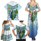 Aotearoa New Zealand Natural Plants Family Matching Summer Maxi Dress and Hawaiian Shirt Pohutukawa with Silver Ferns Koru Frond Maori Tattoos