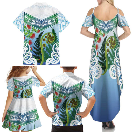 Aotearoa New Zealand Natural Plants Family Matching Summer Maxi Dress and Hawaiian Shirt Pohutukawa with Silver Ferns Koru Frond Maori Tattoos