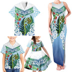 Aotearoa New Zealand Natural Plants Family Matching Tank Maxi Dress and Hawaiian Shirt Pohutukawa with Silver Ferns Koru Frond Maori Tattoos