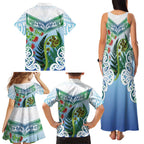 Aotearoa New Zealand Natural Plants Family Matching Tank Maxi Dress and Hawaiian Shirt Pohutukawa with Silver Ferns Koru Frond Maori Tattoos