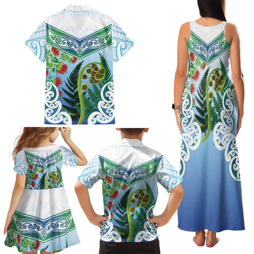 Aotearoa New Zealand Natural Plants Family Matching Tank Maxi Dress and Hawaiian Shirt Pohutukawa with Silver Ferns Koru Frond Maori Tattoos