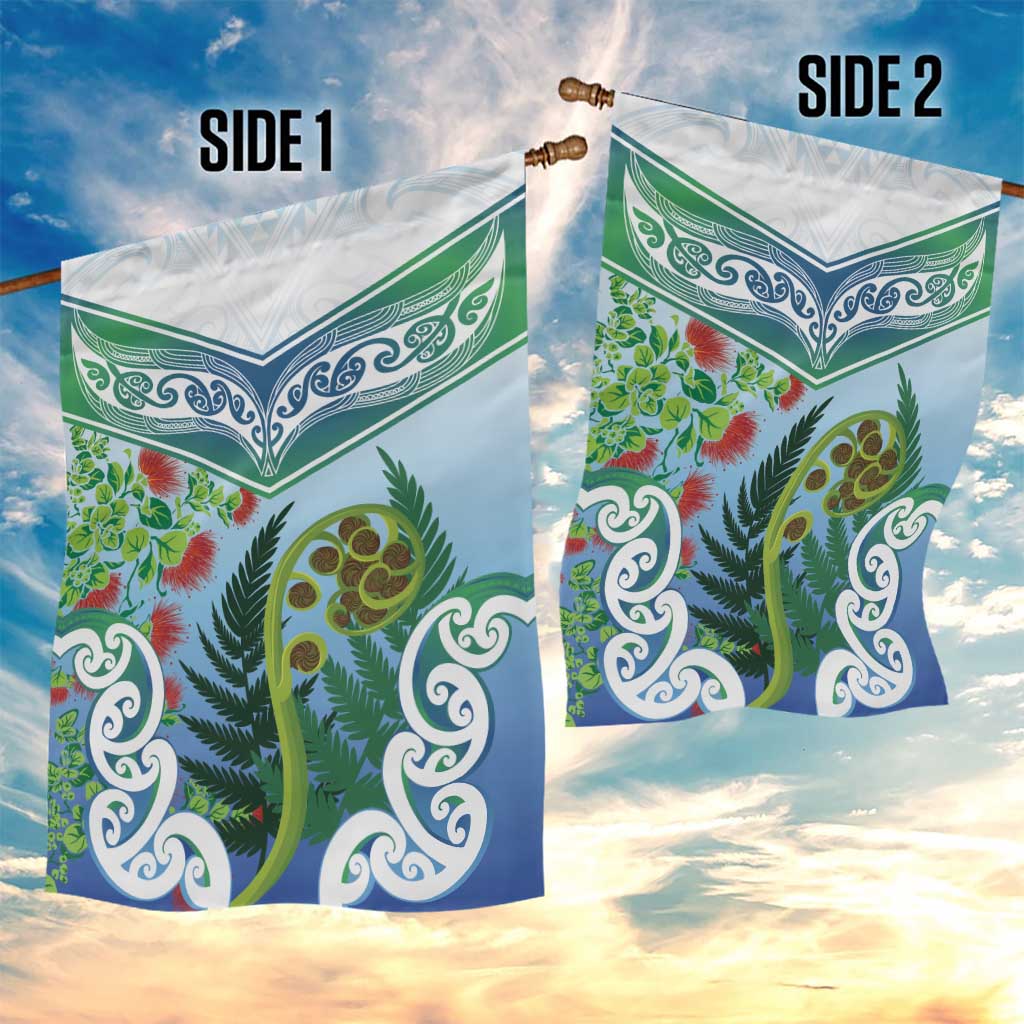 Aotearoa New Zealand Natural Plants Garden Flag Pohutukawa with Silver Ferns Koru Frond Maori Tattoos