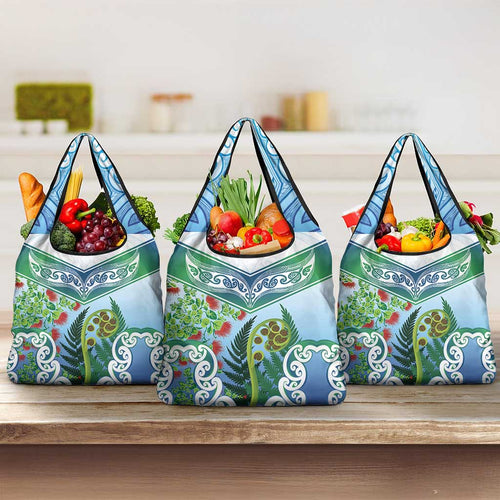 Aotearoa New Zealand Natural Plants Grocery Bag Pohutukawa with Silver Ferns Koru Frond Maori Tattoos