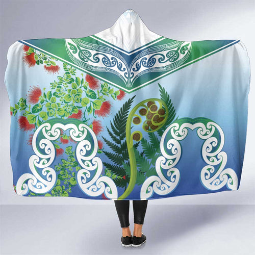 Aotearoa New Zealand Natural Plants Hooded Blanket Pohutukawa with Silver Ferns Koru Frond Maori Tattoos
