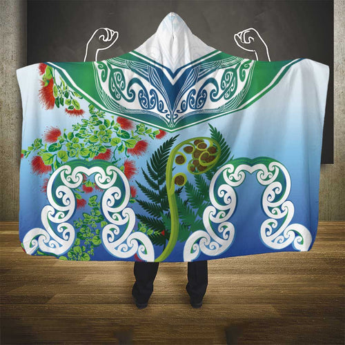 Aotearoa New Zealand Natural Plants Hooded Blanket Pohutukawa with Silver Ferns Koru Frond Maori Tattoos