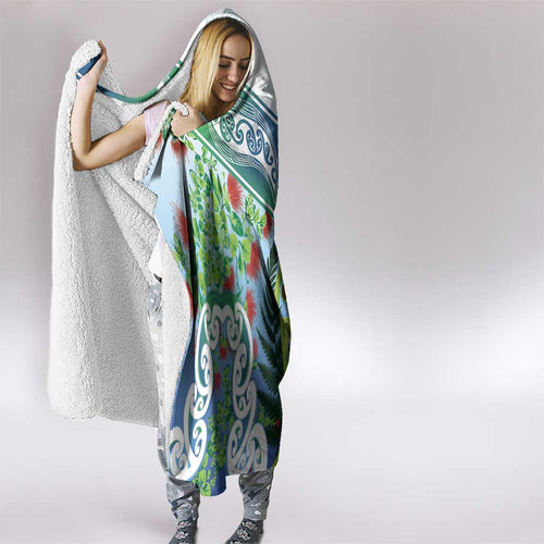Aotearoa New Zealand Natural Plants Hooded Blanket Pohutukawa with Silver Ferns Koru Frond Maori Tattoos