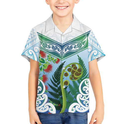 Aotearoa New Zealand Natural Plants Kid Hawaiian Shirt Pohutukawa with Silver Ferns Koru Frond Maori Tattoos
