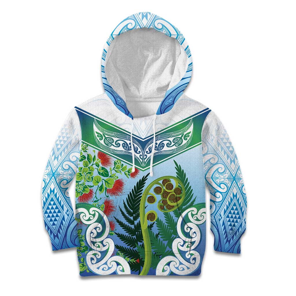 Aotearoa New Zealand Natural Plants Kid Hoodie Pohutukawa with Silver Ferns Koru Frond Maori Tattoos