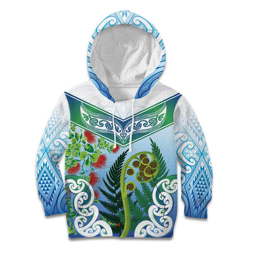 Aotearoa New Zealand Natural Plants Kid Hoodie Pohutukawa with Silver Ferns Koru Frond Maori Tattoos