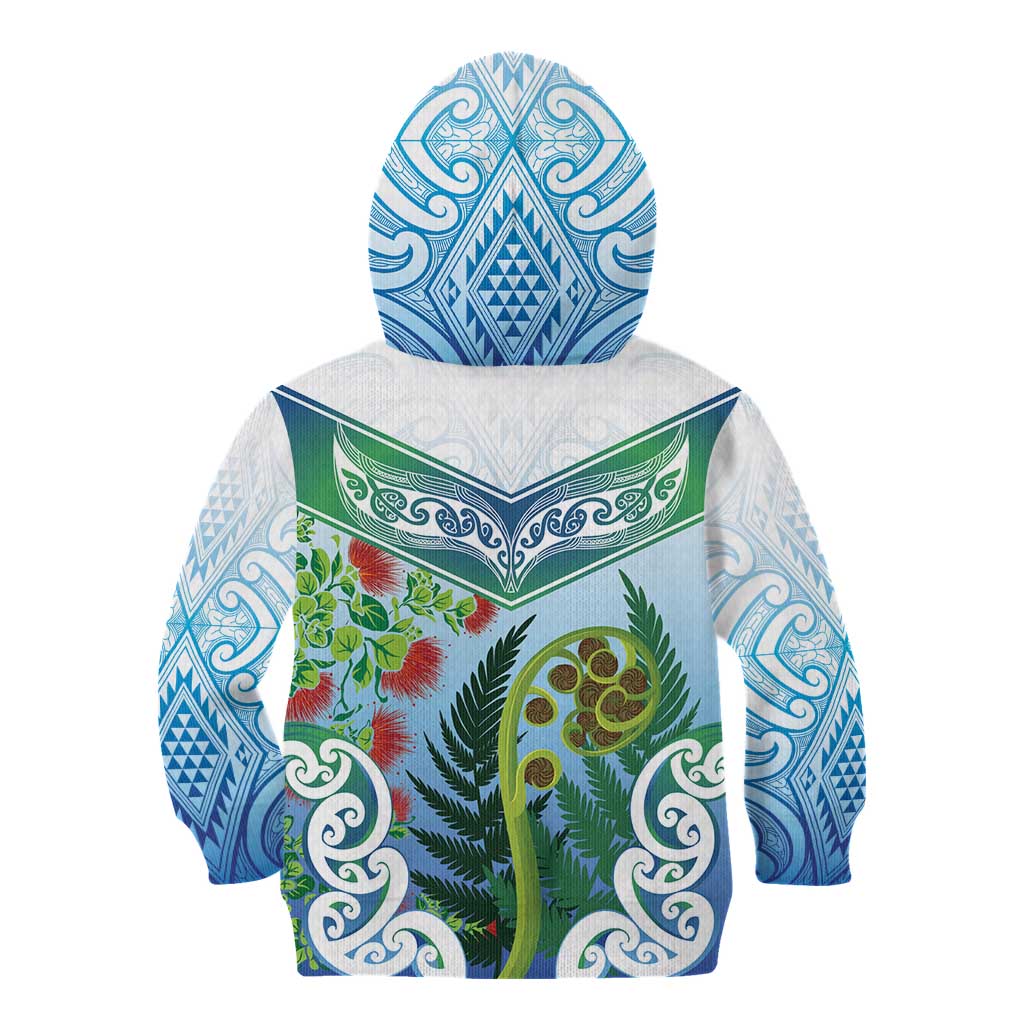 Aotearoa New Zealand Natural Plants Kid Hoodie Pohutukawa with Silver Ferns Koru Frond Maori Tattoos