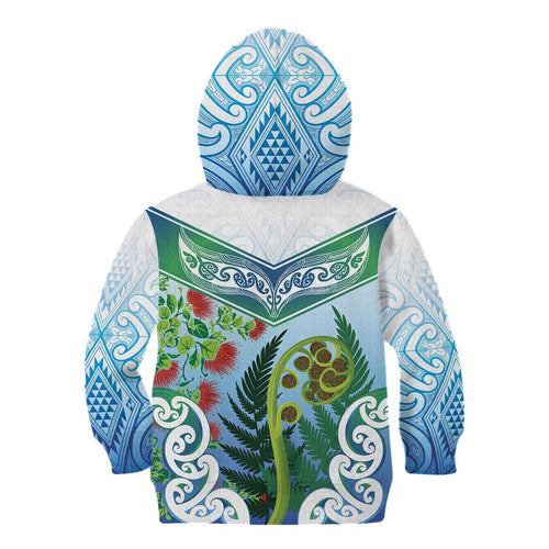 Aotearoa New Zealand Natural Plants Kid Hoodie Pohutukawa with Silver Ferns Koru Frond Maori Tattoos