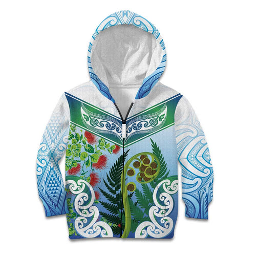 Aotearoa New Zealand Natural Plants Kid Hoodie Pohutukawa with Silver Ferns Koru Frond Maori Tattoos
