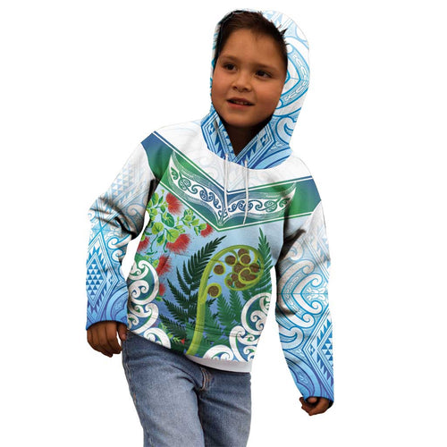 Aotearoa New Zealand Natural Plants Kid Hoodie Pohutukawa with Silver Ferns Koru Frond Maori Tattoos