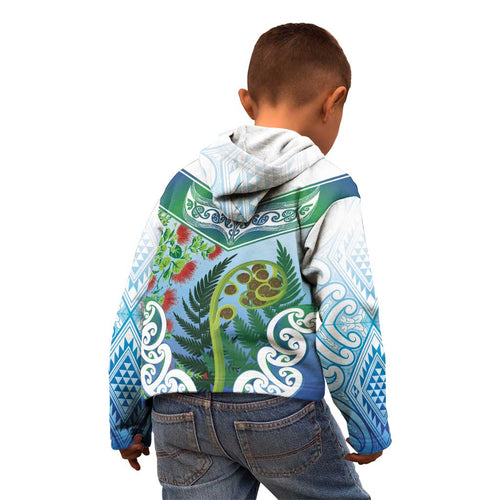 Aotearoa New Zealand Natural Plants Kid Hoodie Pohutukawa with Silver Ferns Koru Frond Maori Tattoos