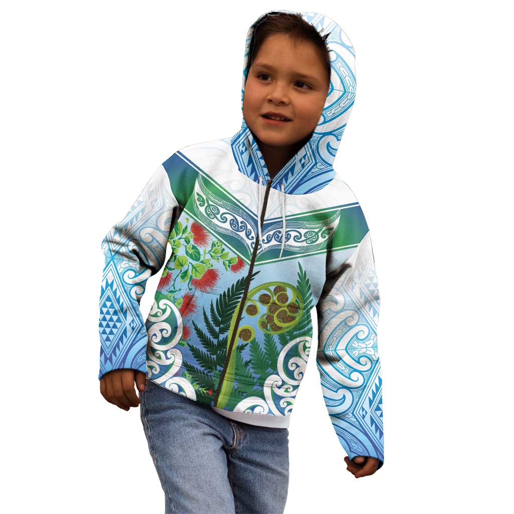 Aotearoa New Zealand Natural Plants Kid Hoodie Pohutukawa with Silver Ferns Koru Frond Maori Tattoos