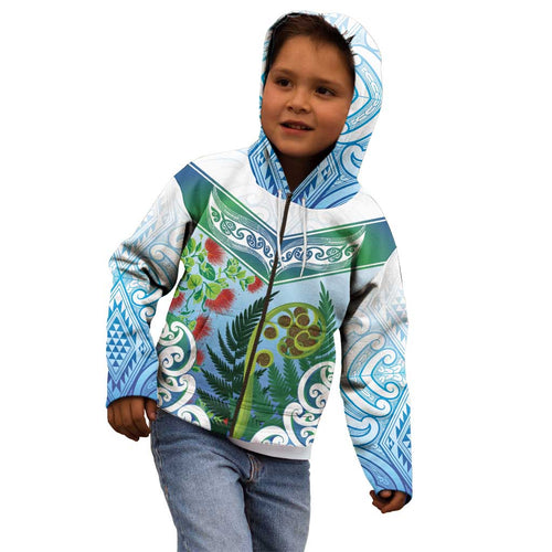 Aotearoa New Zealand Natural Plants Kid Hoodie Pohutukawa with Silver Ferns Koru Frond Maori Tattoos