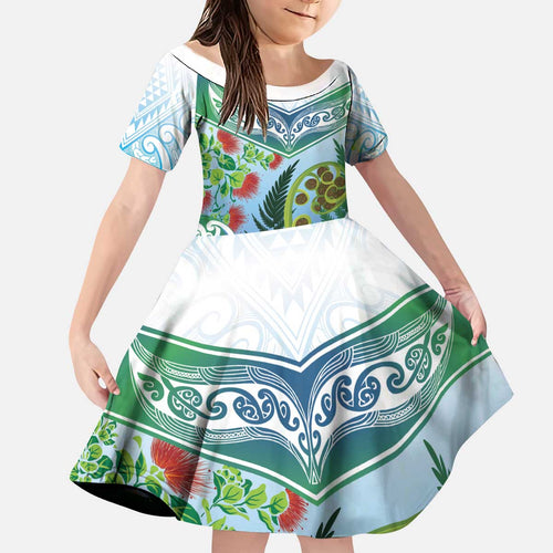 Aotearoa New Zealand Natural Plants Kid Short Sleeve Dress Pohutukawa with Silver Ferns Koru Frond Maori Tattoos