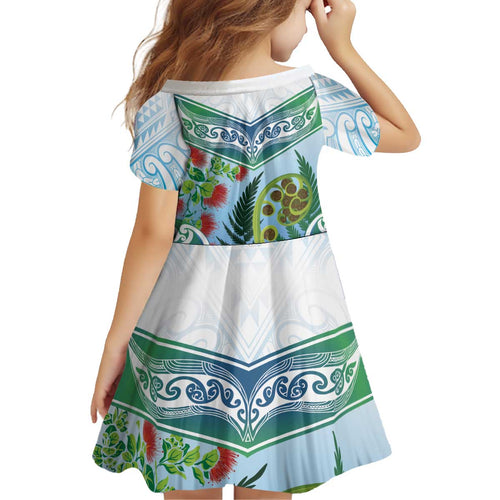 Aotearoa New Zealand Natural Plants Kid Short Sleeve Dress Pohutukawa with Silver Ferns Koru Frond Maori Tattoos