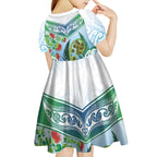 Aotearoa New Zealand Natural Plants Kid Short Sleeve Dress Pohutukawa with Silver Ferns Koru Frond Maori Tattoos