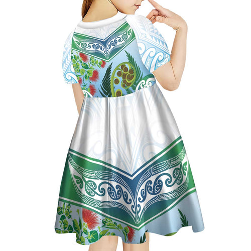Aotearoa New Zealand Natural Plants Kid Short Sleeve Dress Pohutukawa with Silver Ferns Koru Frond Maori Tattoos