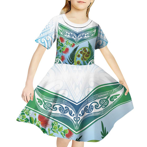Aotearoa New Zealand Natural Plants Kid Short Sleeve Dress Pohutukawa with Silver Ferns Koru Frond Maori Tattoos