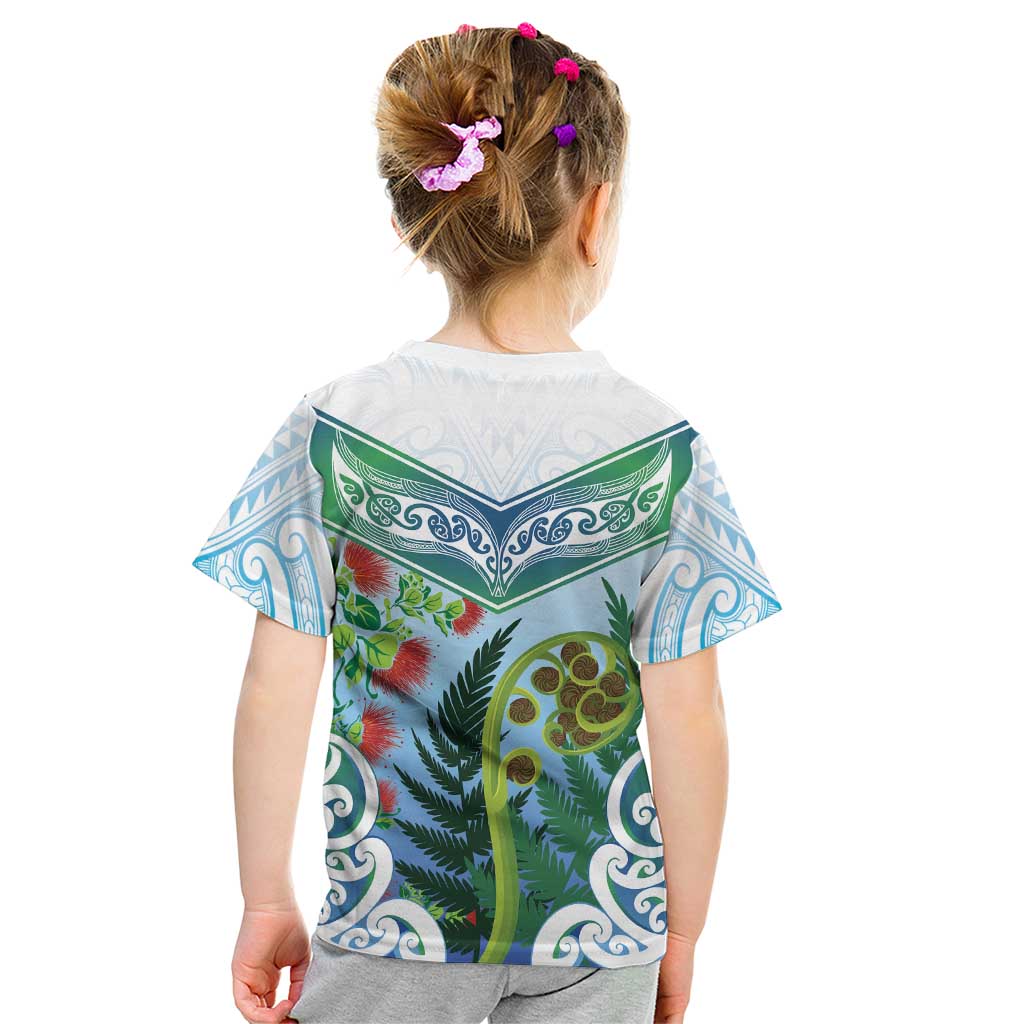 Aotearoa New Zealand Natural Plants Kid T Shirt Pohutukawa with Silver Ferns Koru Frond Maori Tattoos