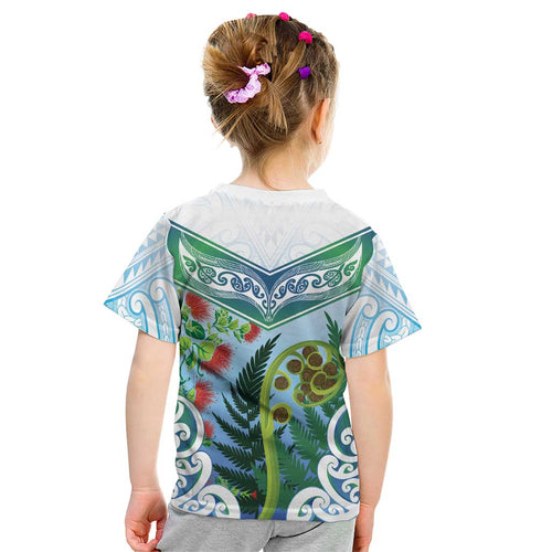 Aotearoa New Zealand Natural Plants Kid T Shirt Pohutukawa with Silver Ferns Koru Frond Maori Tattoos