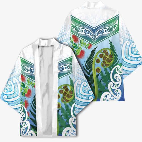 Aotearoa New Zealand Natural Plants Kimono Pohutukawa with Silver Ferns Koru Frond Maori Tattoos