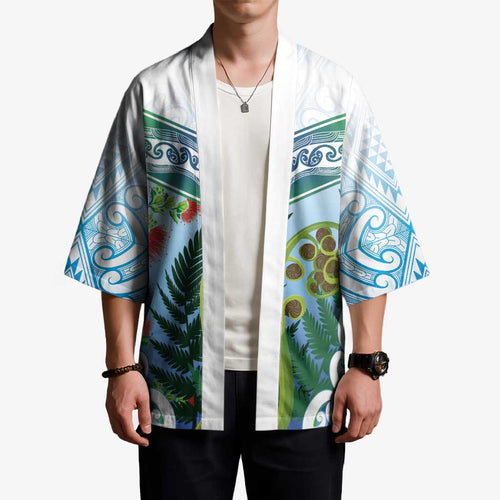 Aotearoa New Zealand Natural Plants Kimono Pohutukawa with Silver Ferns Koru Frond Maori Tattoos