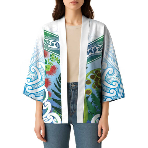 Aotearoa New Zealand Natural Plants Kimono Pohutukawa with Silver Ferns Koru Frond Maori Tattoos