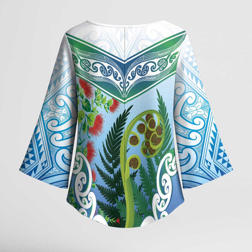 Aotearoa New Zealand Natural Plants Kimono Sleeve Blouse Pohutukawa with Silver Ferns Koru Frond Maori Tattoos