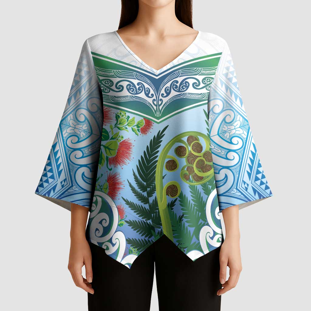 Aotearoa New Zealand Natural Plants Kimono Sleeve Blouse Pohutukawa with Silver Ferns Koru Frond Maori Tattoos