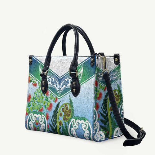 Aotearoa New Zealand Natural Plants Leather Bag Pohutukawa with Silver Ferns Koru Frond Maori Tattoos