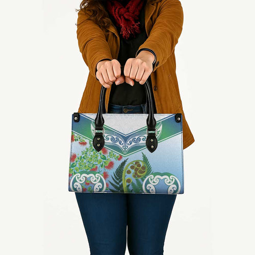 Aotearoa New Zealand Natural Plants Leather Bag Pohutukawa with Silver Ferns Koru Frond Maori Tattoos