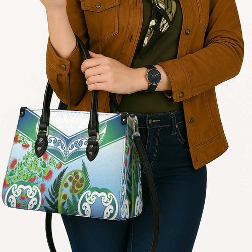 Aotearoa New Zealand Natural Plants Leather Bag Pohutukawa with Silver Ferns Koru Frond Maori Tattoos