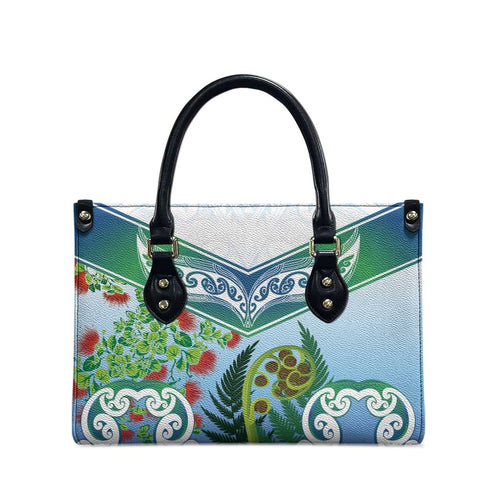 Aotearoa New Zealand Natural Plants Leather Bag Pohutukawa with Silver Ferns Koru Frond Maori Tattoos