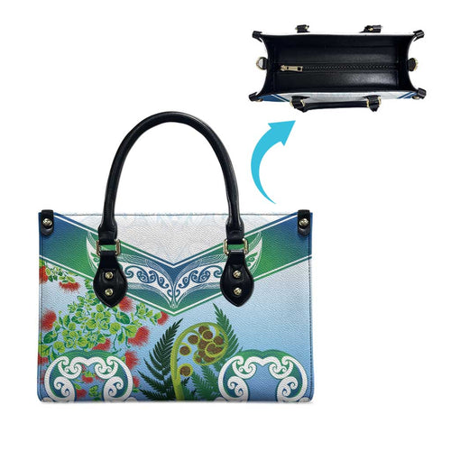Aotearoa New Zealand Natural Plants Leather Bag Pohutukawa with Silver Ferns Koru Frond Maori Tattoos