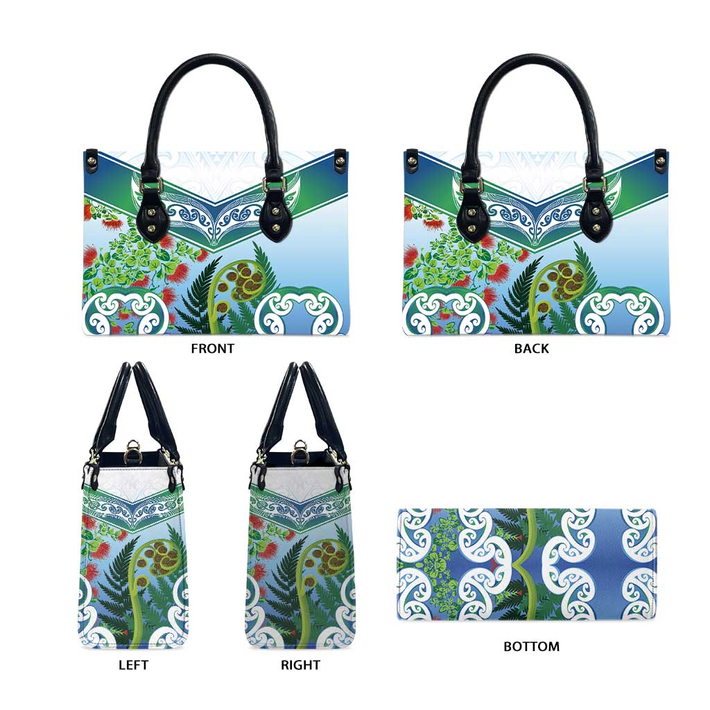 Aotearoa New Zealand Natural Plants Leather Bag Pohutukawa with Silver Ferns Koru Frond Maori Tattoos