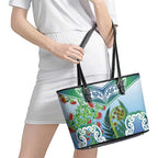 Aotearoa New Zealand Natural Plants Leather Tote Bag Pohutukawa with Silver Ferns Koru Frond Maori Tattoos