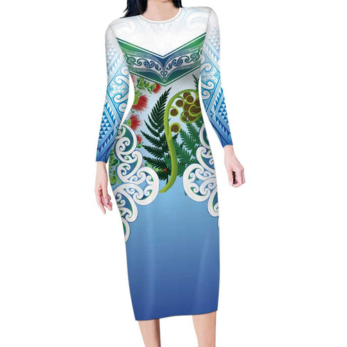 Aotearoa New Zealand Natural Plants Long Sleeve Bodycon Dress Pohutukawa with Silver Ferns Koru Frond Maori Tattoos
