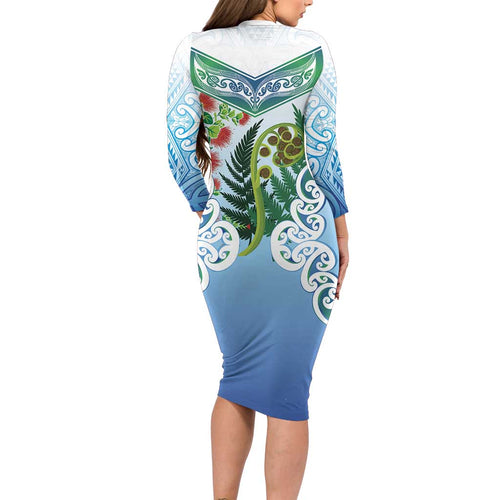 Aotearoa New Zealand Natural Plants Long Sleeve Bodycon Dress Pohutukawa with Silver Ferns Koru Frond Maori Tattoos
